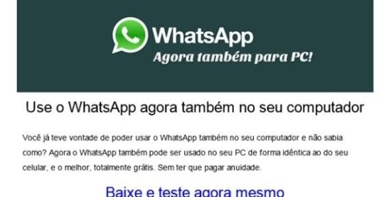 Cuidado com e-mail falso que promete Whatsapp para PC's