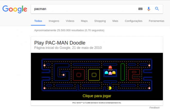 Jogos que podem ser encontrados em ferramentas do Google Pacman