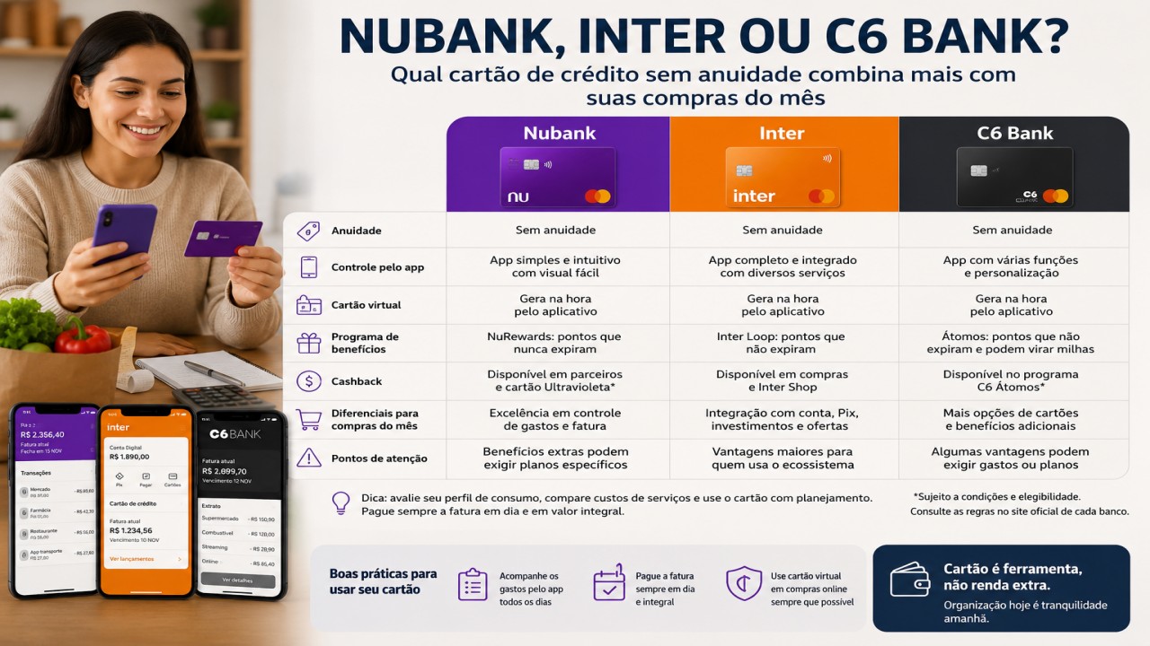 Nubank, Inter ou C6: qual cartão sem anuidade faz mais sentido para compras do mês?