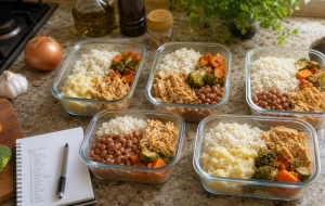 Marmitas para cinco dias com uma base de preparo: cardápio, porções e lista de compras