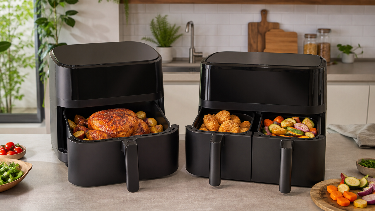 Air fryer de cesto único x cesto duplo: qual formato vale mais para a rotina da família?