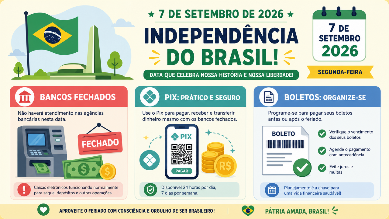 7 de Setembro de 2026: bancos abrem? Veja o que acontece com Pix, TED, boletos e contas