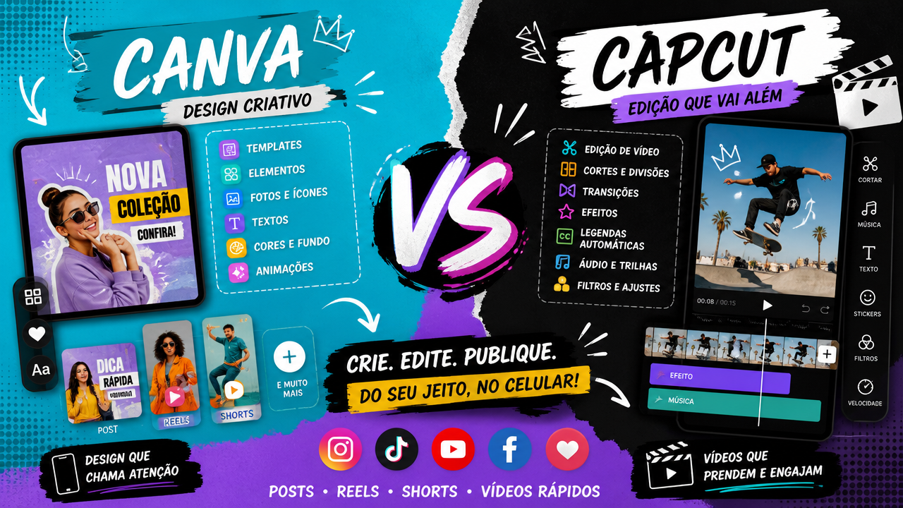 Canva x CapCut no celular: qual aplicativo é melhor para posts, Reels e vídeos rápidos?