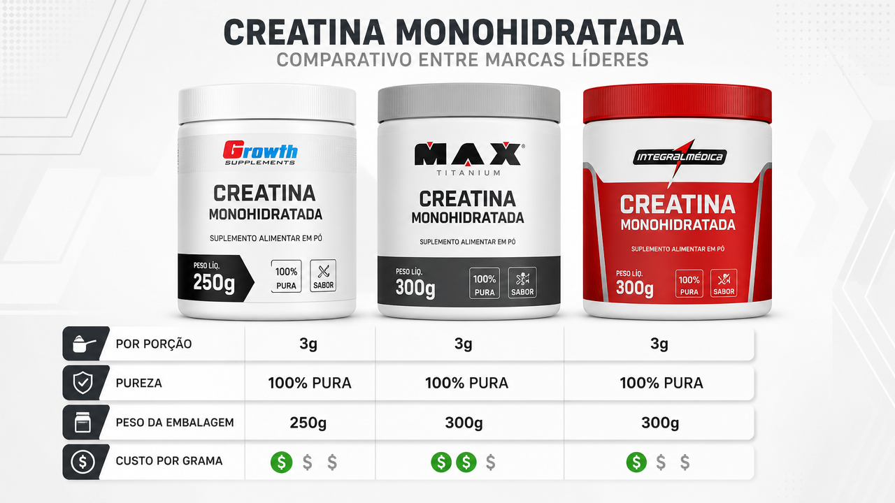Creatina Growth x Max Titanium x Integralmédica: como comparar pelo rótulo e pela porção