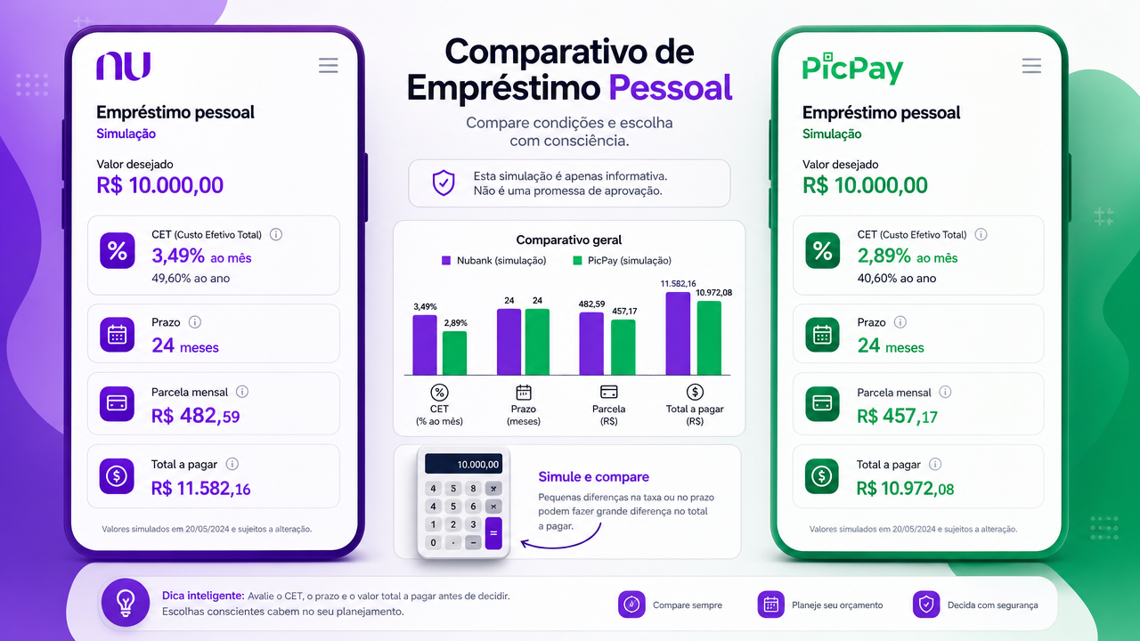 Empréstimo Nubank x PicPay: CET, prazo e parcela — o que conferir antes de aceitar uma oferta no app