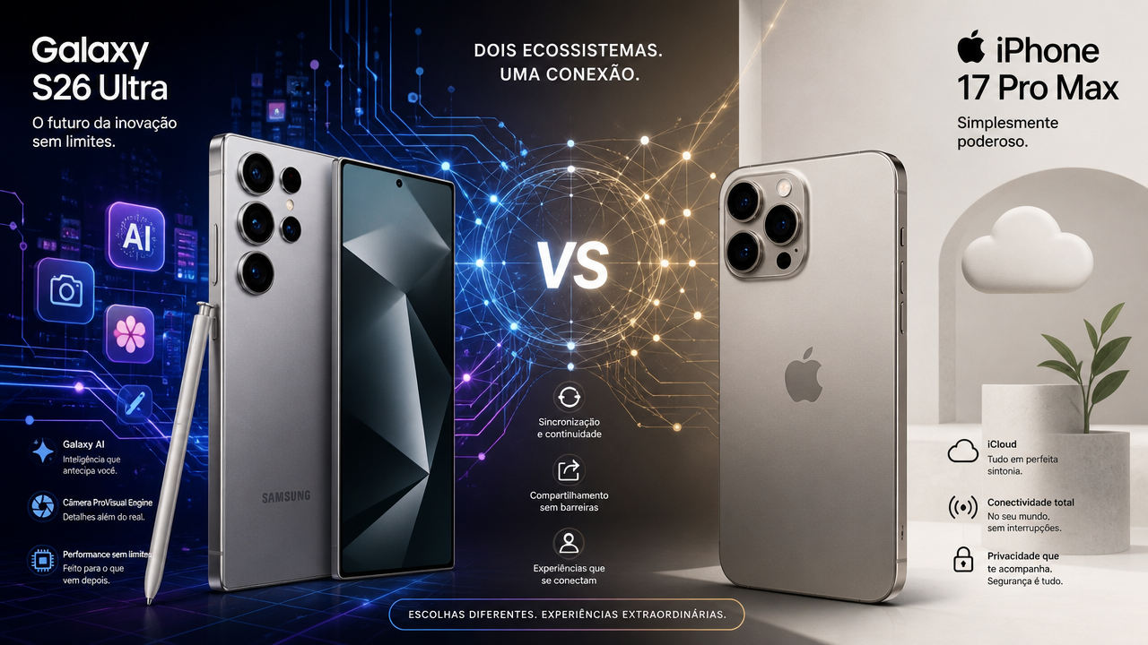 Galaxy S26 Ultra x iPhone 17 Pro Max: câmera, bateria e ecossistema para decidir qual comprar