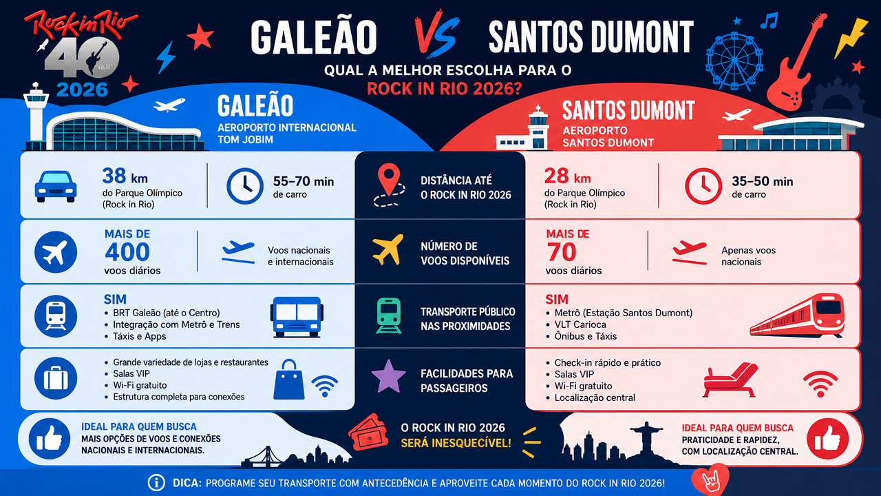 Galeão x Santos Dumont para o Rock in Rio 2026: qual aeroporto faz mais sentido considerando deslocamento e voo