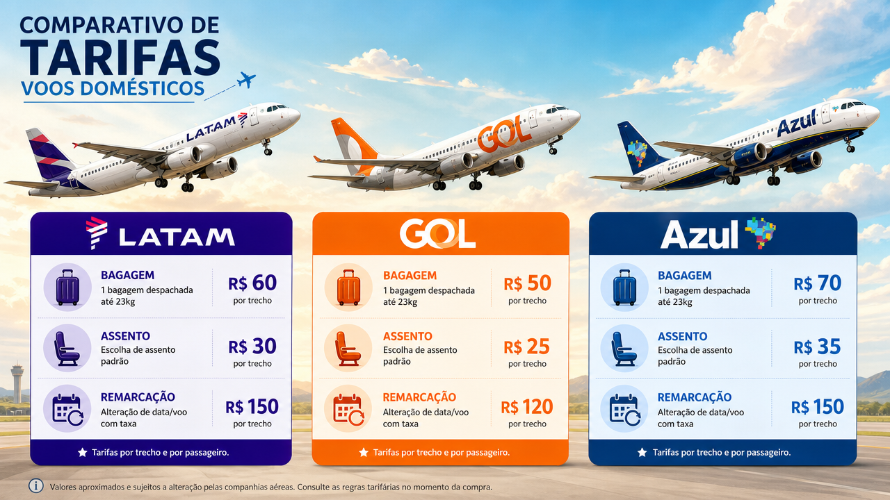 LATAM x GOL x Azul: o que muda na tarifa mais barata para bagagem, assento e remarcação