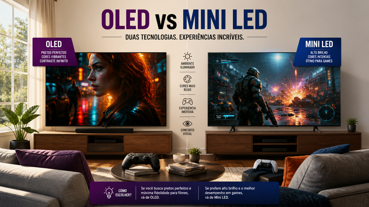 TV OLED x Mini LED: qual tecnologia faz mais sentido para filmes, games e sala muito iluminada?