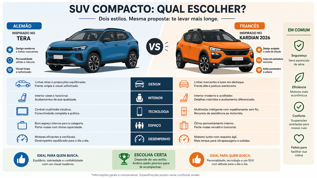 Volkswagen Tera x Renault Kardian: qual SUV compacto entrega o melhor pacote?
