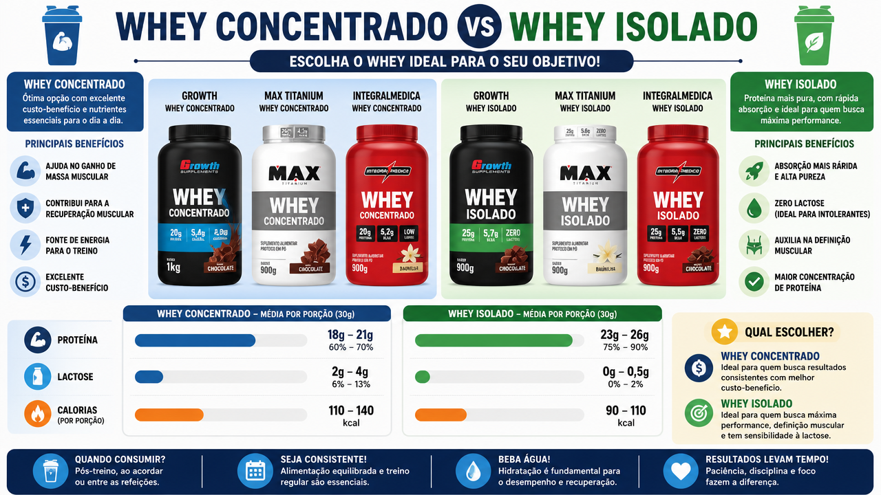 Whey concentrado x isolado: Growth, Max Titanium e Integralmédica mostram quando pagar mais faz sentido