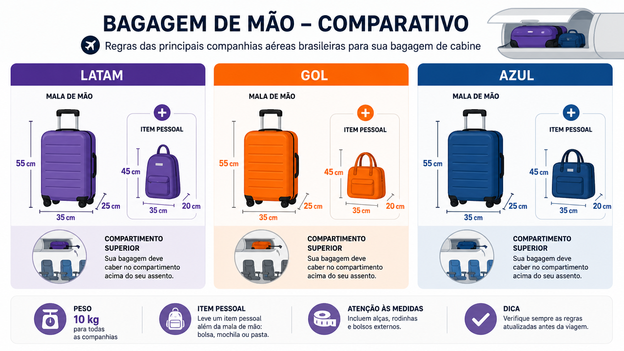 Bagagem de mão na LATAM, GOL e Azul em 2026: peso, medidas e o que conferir antes do embarque