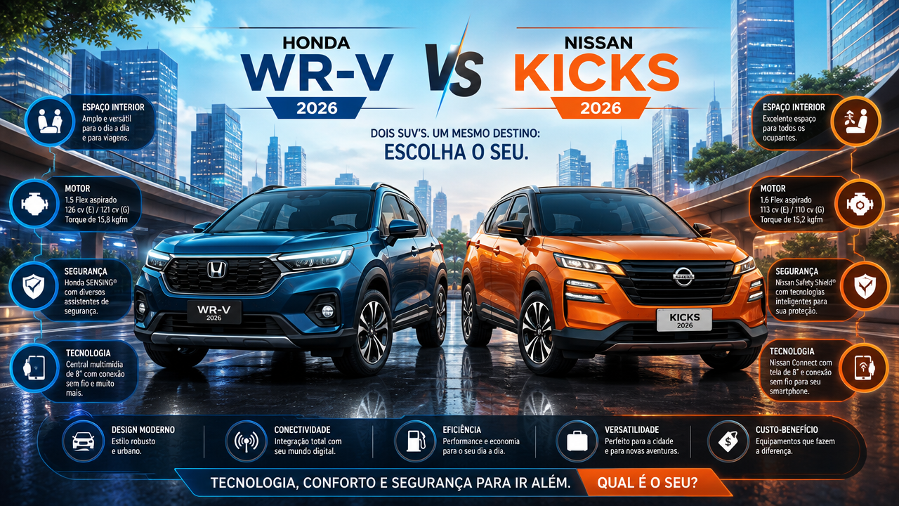Honda WR-V x Nissan Kicks: qual SUV entrega melhor pacote para família em 2026?