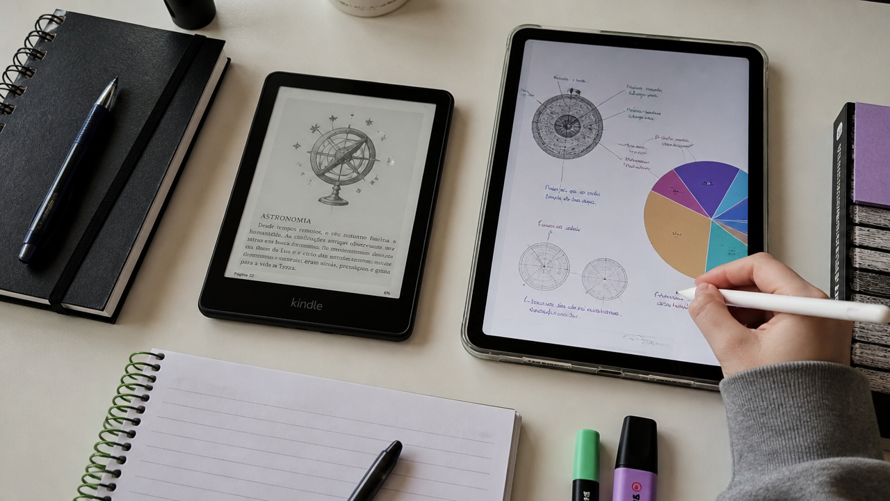Kindle x tablet para estudar: qual formato funciona melhor para PDFs, livros e anotações