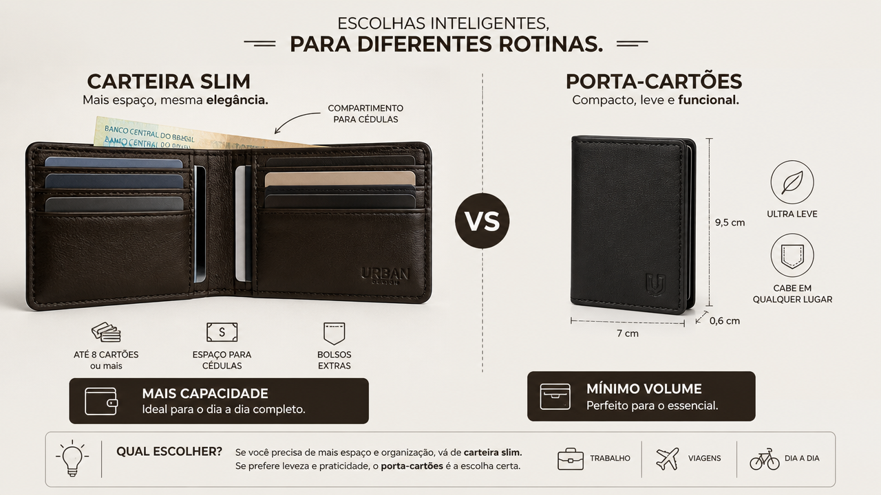 Carteira slim x porta-cartões: qual formato reduz volume sem deixar documentos importantes de fora