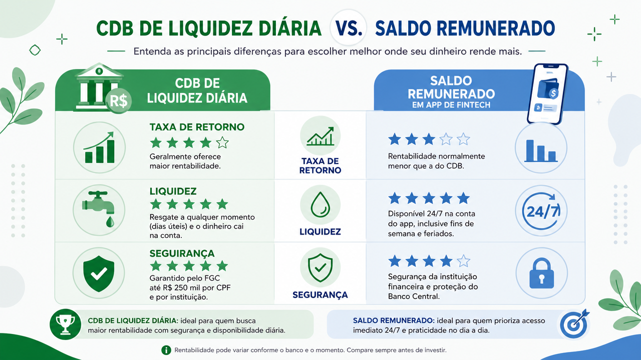 CDB de liquidez diária x saldo remunerado em fintech: onde olhar antes de escolher onde deixar a reserva