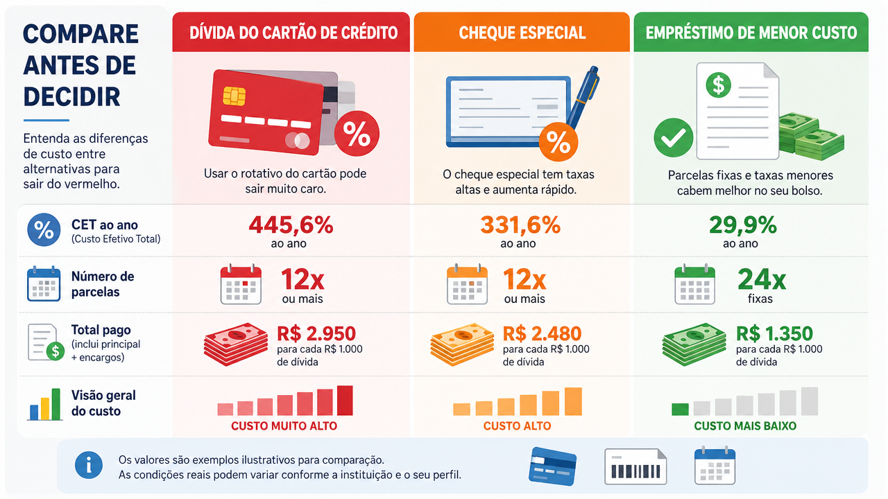 Trocar dívida cara por empréstimo mais barato: como comparar CET antes de refinanciar cartão ou cheque especial