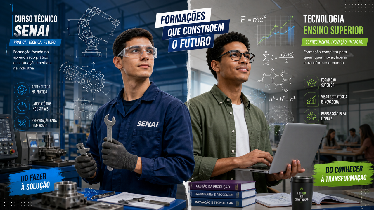 Curso técnico SENAI x tecnólogo: duração, foco prático e tipo de diploma antes de escolher