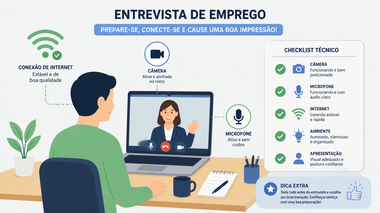 Entrevista por vídeo no Teams ou Google Meet: checklist técnico para não perder a vaga por falha simples