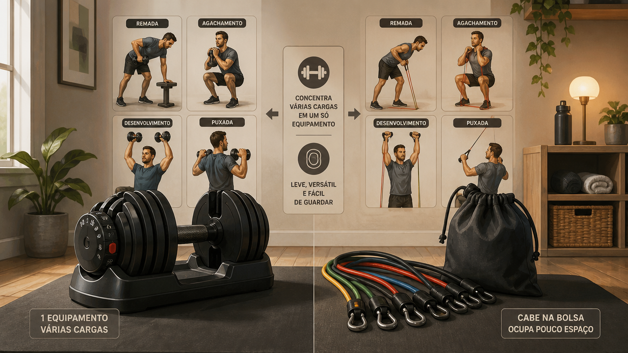 Halter ajustável x kit de elásticos: qual equipamento ocupa menos espaço e rende mais exercícios em casa