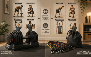 Halter ajustável x kit de elásticos: qual equipamento ocupa menos espaço e rende mais exercícios em casa