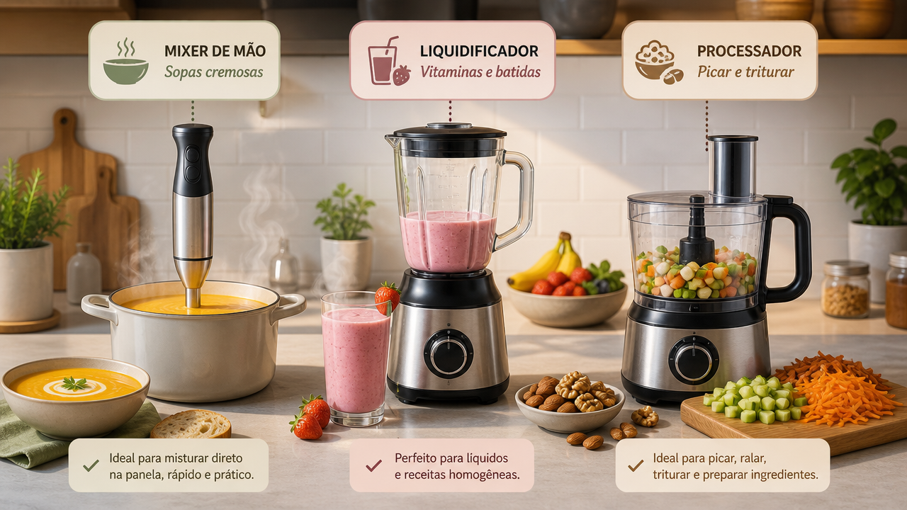 Mixer x liquidificador x processador: qual aparelho realmente resolve cada tarefa da cozinha