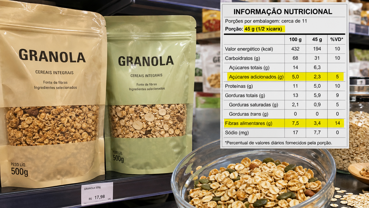 Rótulo de granola: como comparar açúcar, fibras e porção antes de escolher no supermercado