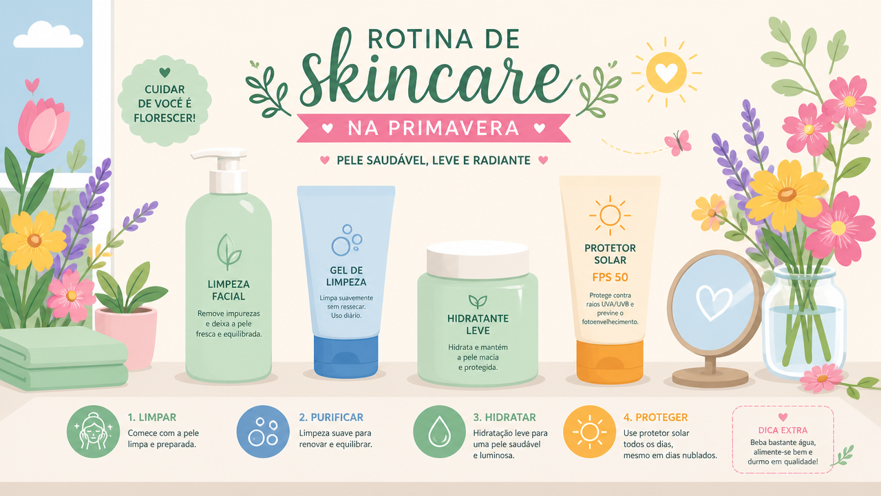 Skincare na primavera: o que ajustar em limpeza, hidratação e proteção solar com a mudança do clima