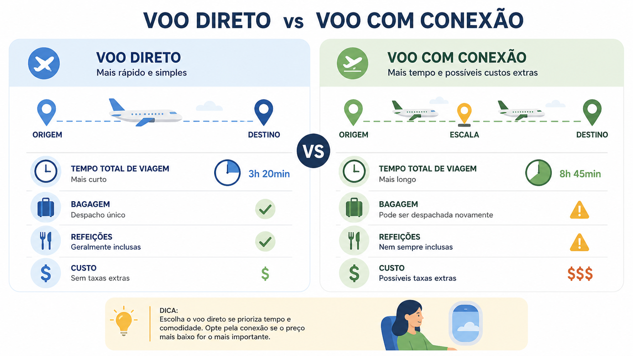 Voo direto x conexão: como calcular quando a economia na tarifa não compensa as horas extras de viagem