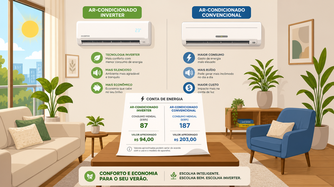 Ar-condicionado inverter x convencional: quanto o consumo realmente muda na conta de luz?