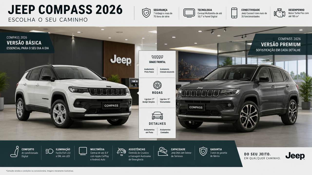Jeep Compass 2026: Sport, Longitude ou versões híbridas, qual compensa para a família?