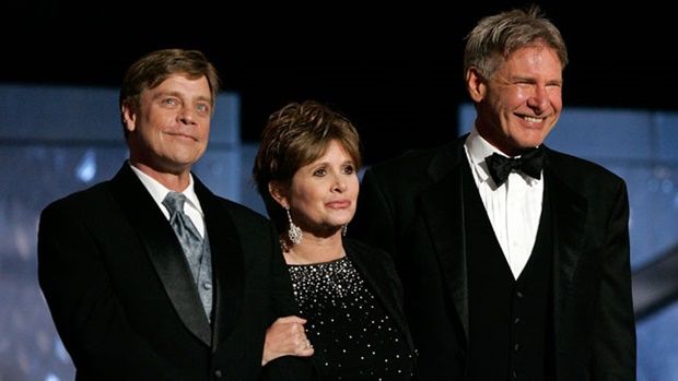 Mark Hamill ( Luke Skywalker), Carrie Fisher (Leia) e Harrison Ford (Han Solo)