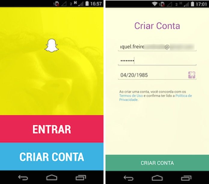 Cria conta no SnapChat