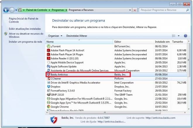 passo dois desinstalar baidu antivírus