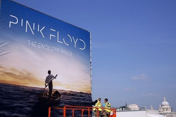 Advertising for the new Pink Floyd album "The Endless River" is installed on a four sided billboard on the South Bank in London