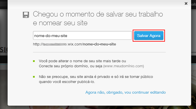 Salvando e publicando um site no Wix